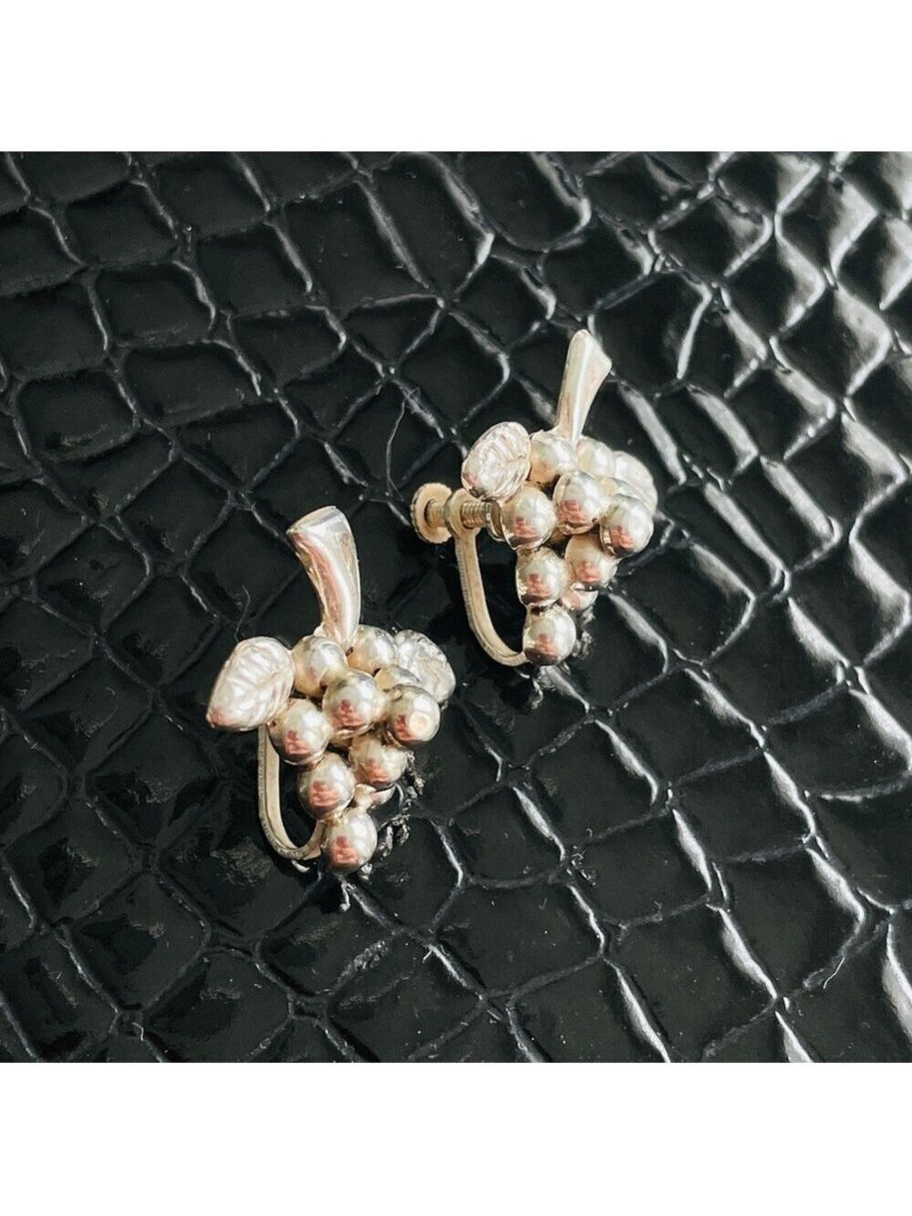 Antique Old Mexico Grape Cluster Puffy Sterling Silver Screw Clip Earrin… - Picture 2 of 9